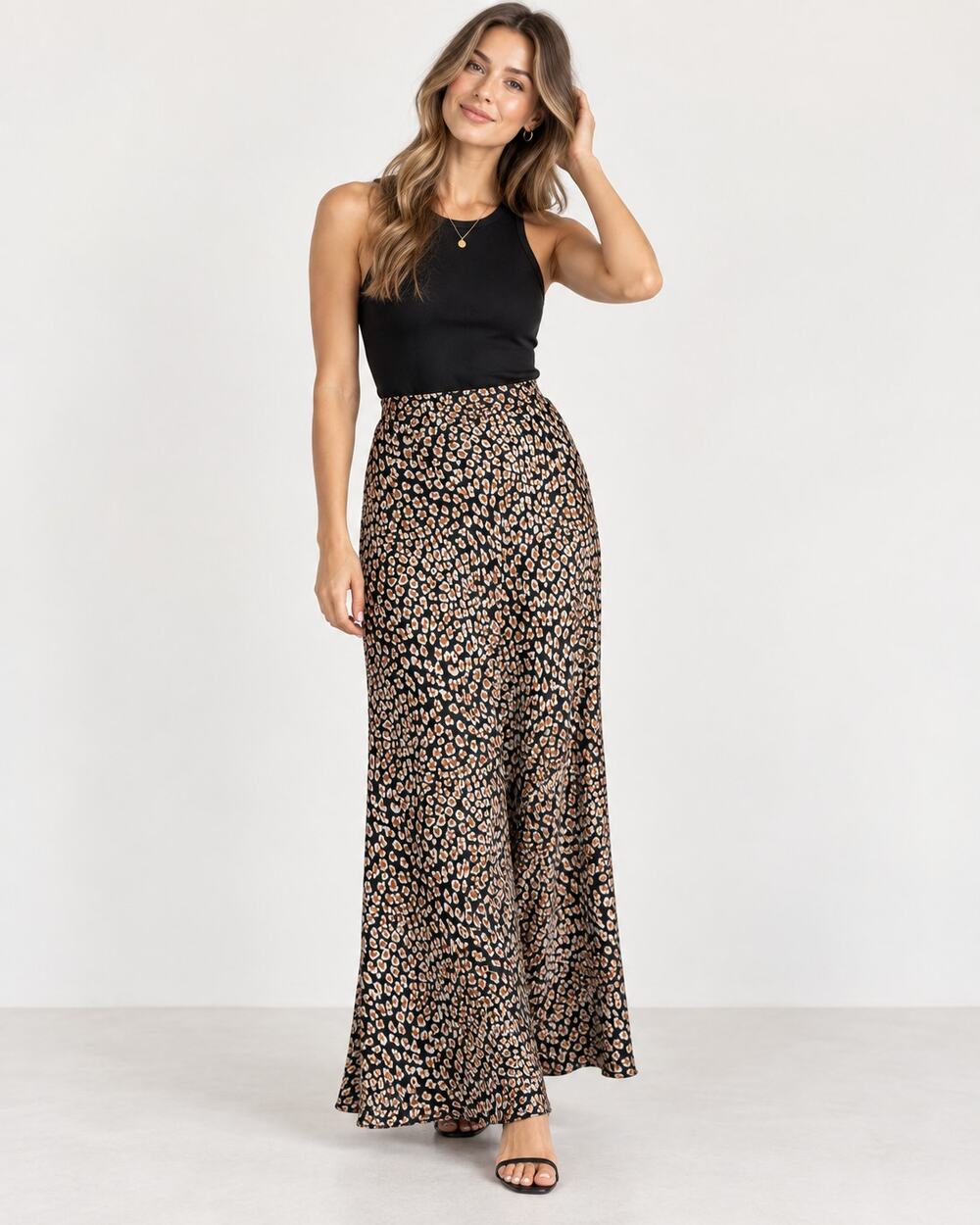 Intimately Free People Black Tan Animal Print Satin Maxi Skirt Womens XL Casual